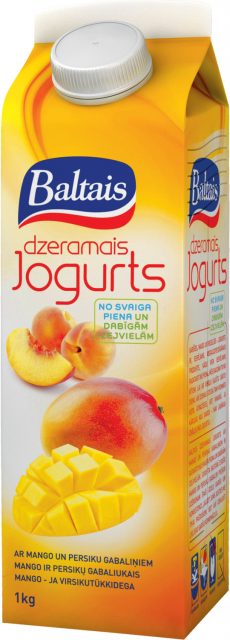 Baltais Dzeramais jogurts ar mango un persiku gabaliņiem, 1kg