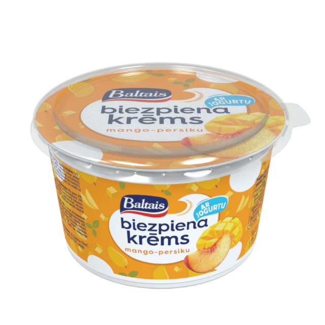 Baltais Biezpiena jogurta krēms ar mango un persikiem, 400g